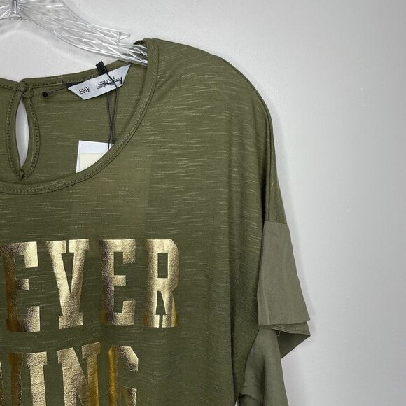 SMF Womens Olive Green Flutter Sleeve Top NEW "FOREVER YOUNG" Peplum Hem Sz S - Picture 2 of 8